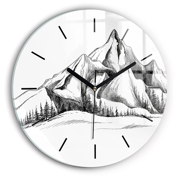 Wanduhr glas rund Gezeichnete Berge