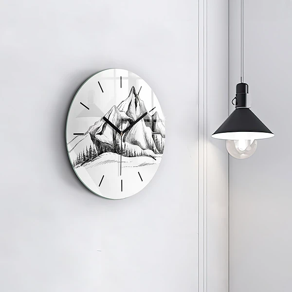 Wanduhr glas rund Gezeichnete Berge