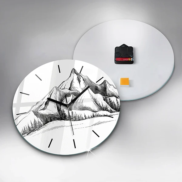 Wanduhr glas rund Gezeichnete Berge