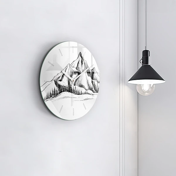 Wanduhr glas rund Gezeichnete Berge