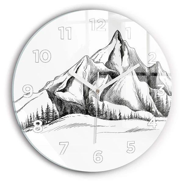 Wanduhr glas rund Gezeichnete Berge