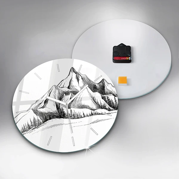 Wanduhr glas rund Gezeichnete Berge