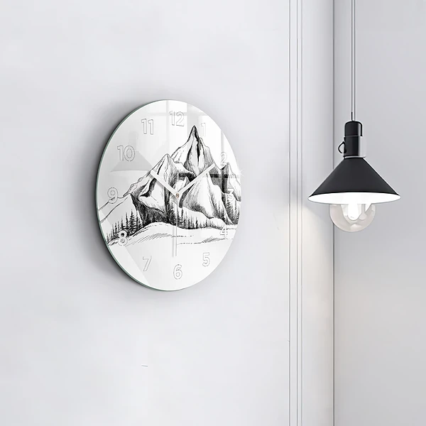 Wanduhr glas rund Gezeichnete Berge