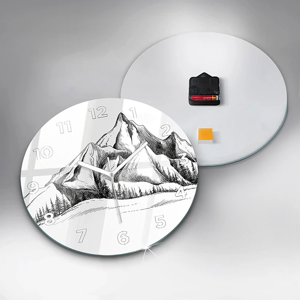 Wanduhr glas rund Gezeichnete Berge