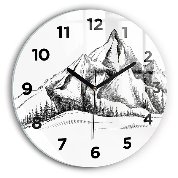 Wanduhr glas rund Gezeichnete Berge