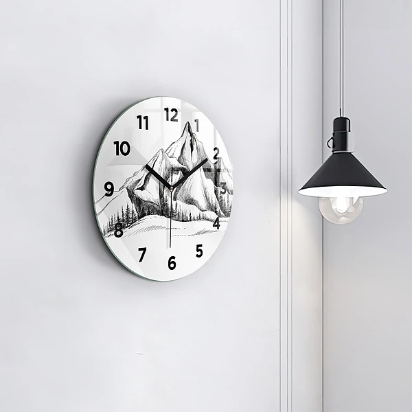 Wanduhr glas rund Gezeichnete Berge