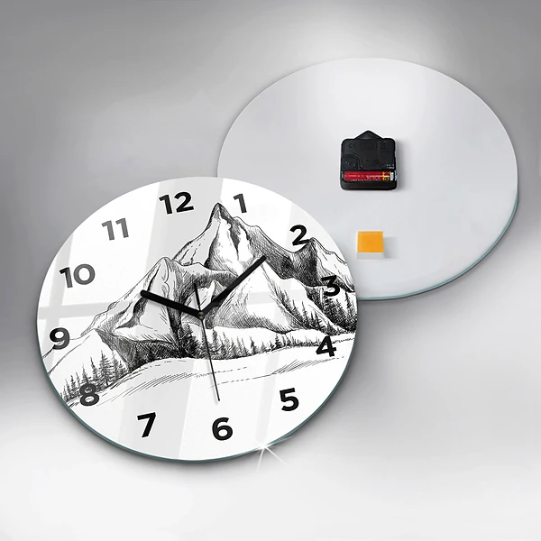 Wanduhr glas rund Gezeichnete Berge