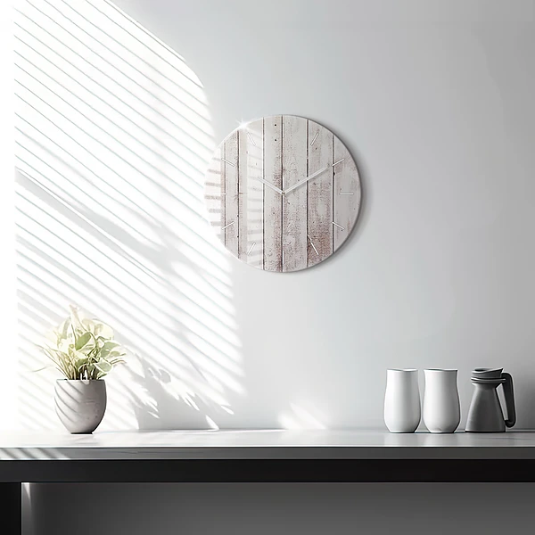 Wanduhr glas rund Helle Holzbretter