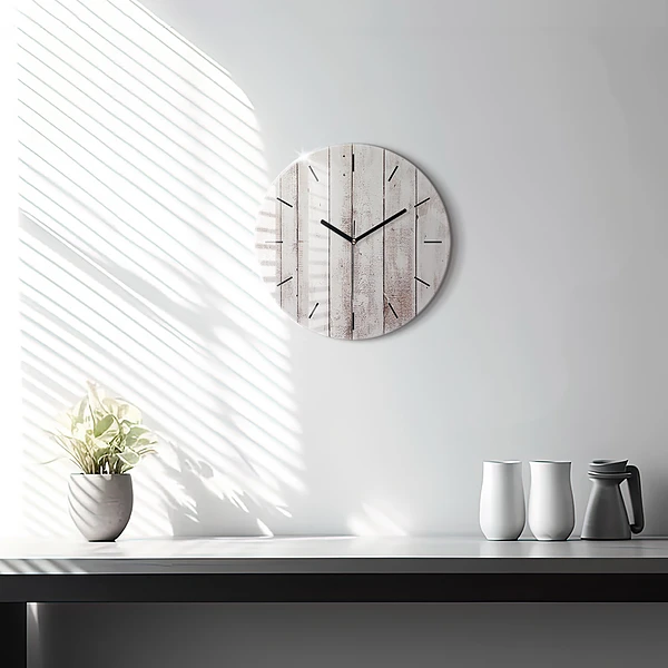 Wanduhr glas rund Helle Holzbretter