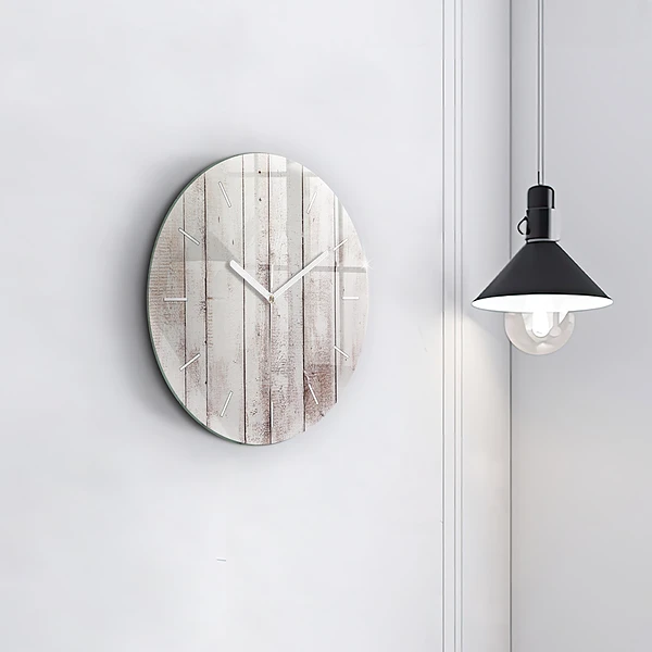 Wanduhr glas rund Helle Holzbretter
