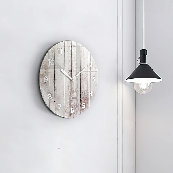 Wanduhr glas rund Helle Holzbretter