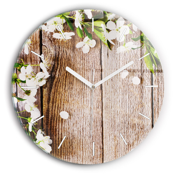 Wanduhr rund mit motiv Blumen auf Holz