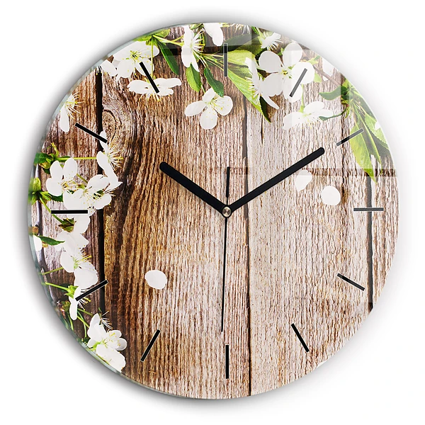 Wanduhr rund mit motiv Blumen auf Holz