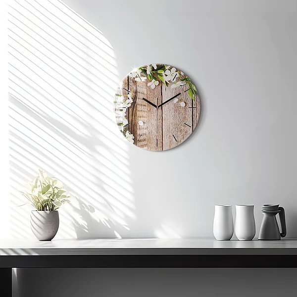 Wanduhr rund mit motiv Blumen auf Holz