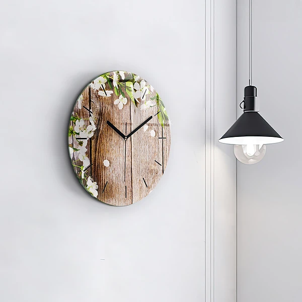 Wanduhr rund mit motiv Blumen auf Holz