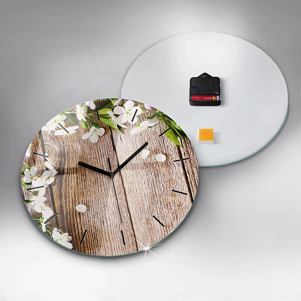 Wanduhr rund mit motiv Blumen auf Holz