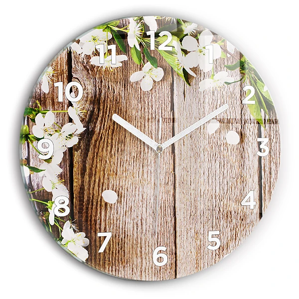 Wanduhr rund mit motiv Blumen auf Holz