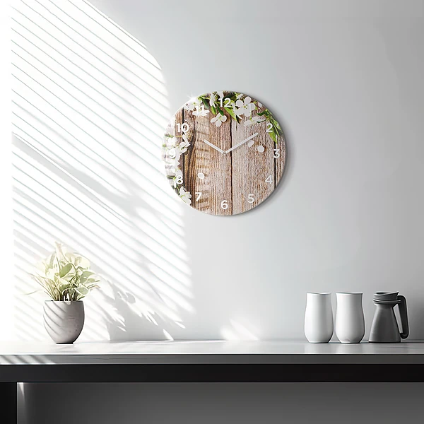 Wanduhr rund mit motiv Blumen auf Holz