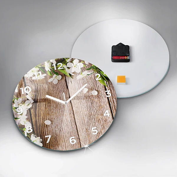 Wanduhr rund mit motiv Blumen auf Holz