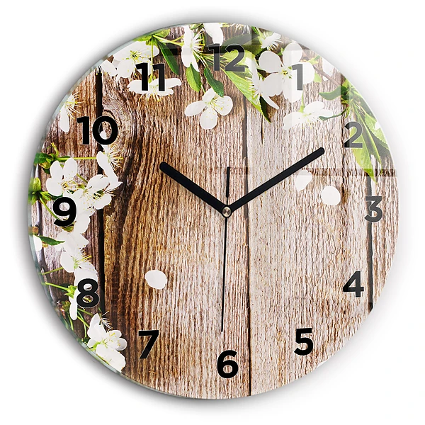 Wanduhr rund mit motiv Blumen auf Holz
