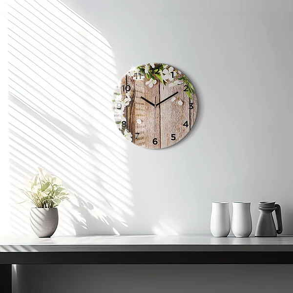 Wanduhr rund mit motiv Blumen auf Holz