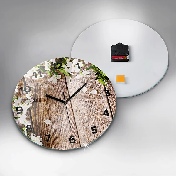 Wanduhr rund mit motiv Blumen auf Holz