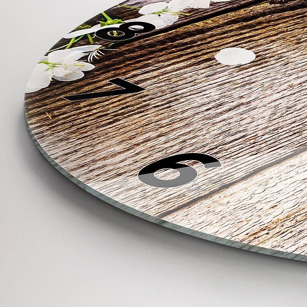 Wanduhr rund mit motiv Blumen auf Holz