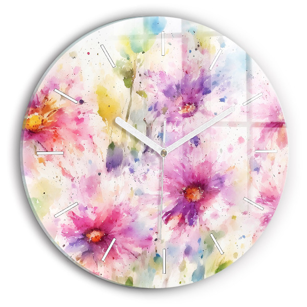 Wanduhr glas rund Gemalte Blumen
