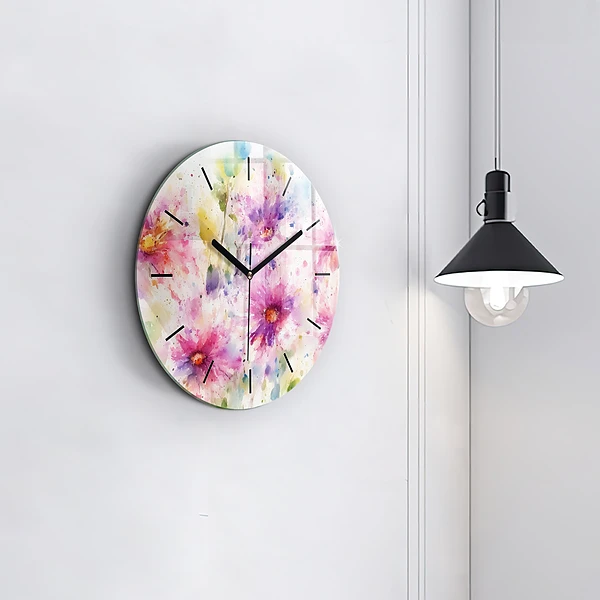 Wanduhr glas rund Gemalte Blumen