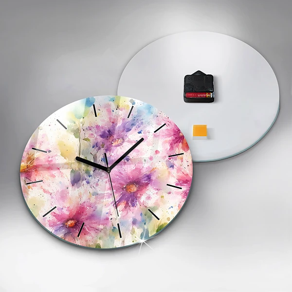 Wanduhr glas rund Gemalte Blumen