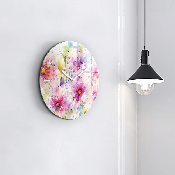 Wanduhr glas rund Gemalte Blumen