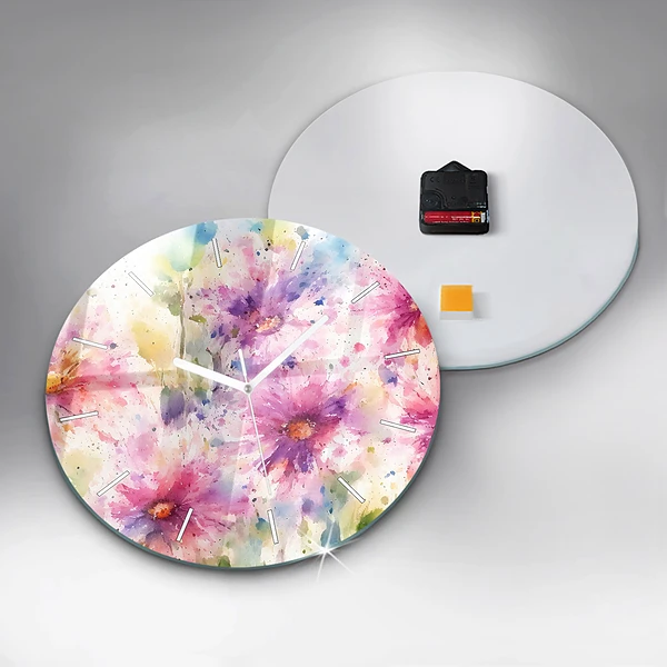 Wanduhr glas rund Gemalte Blumen