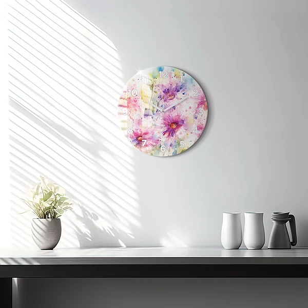 Wanduhr glas rund Gemalte Blumen