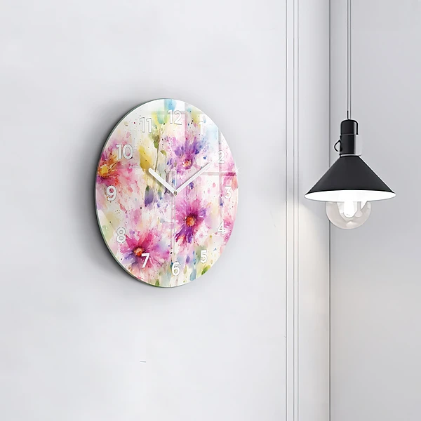Wanduhr glas rund Gemalte Blumen