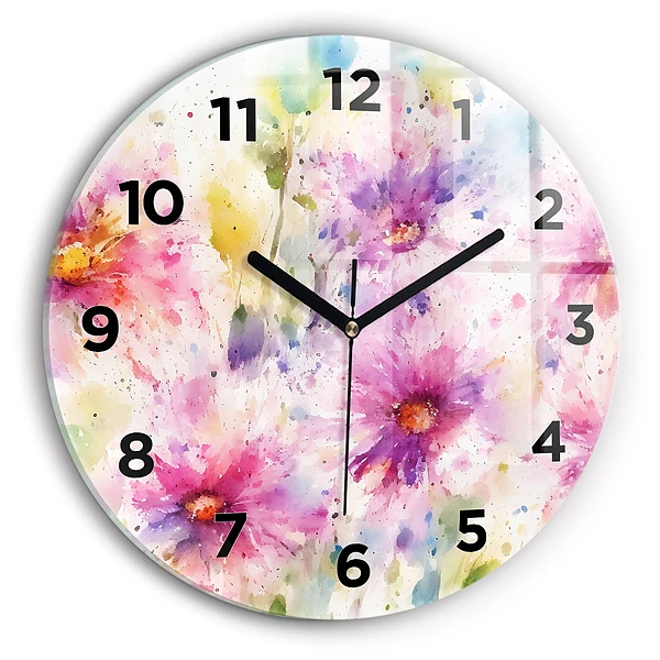 Wanduhr glas rund Gemalte Blumen