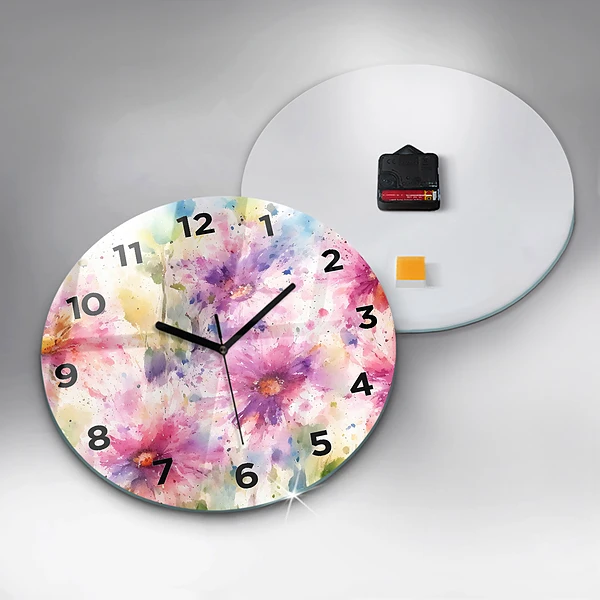 Wanduhr glas rund Gemalte Blumen