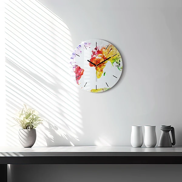 Wanduhr rund Aquarellierte Weltkarte