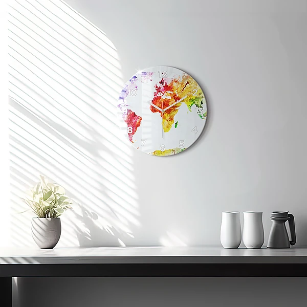 Wanduhr rund Aquarellierte Weltkarte