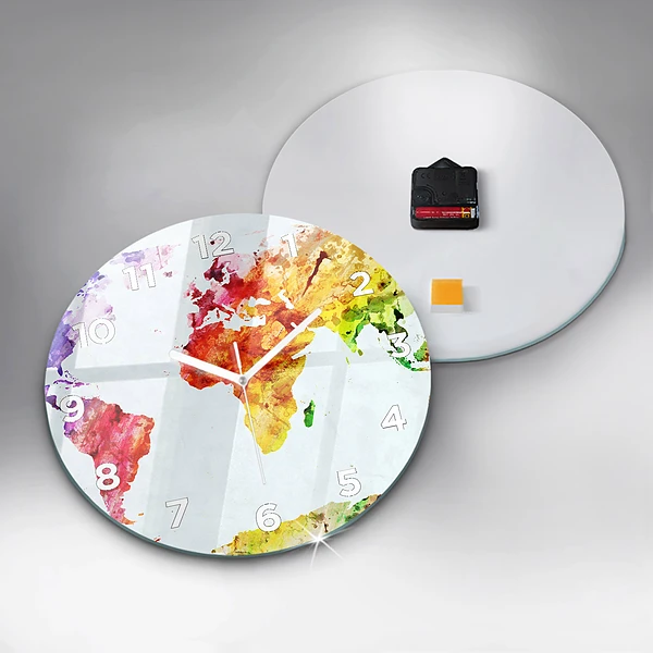 Wanduhr rund Aquarellierte Weltkarte