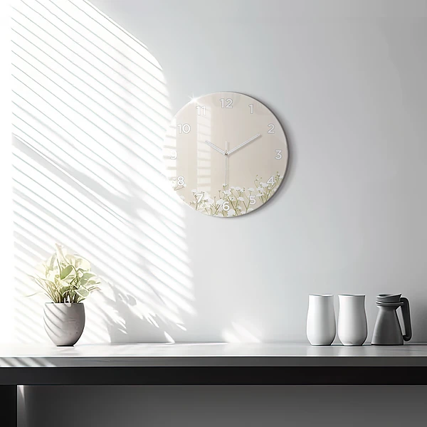 Wanduhr glas rund Blühende Blumen
