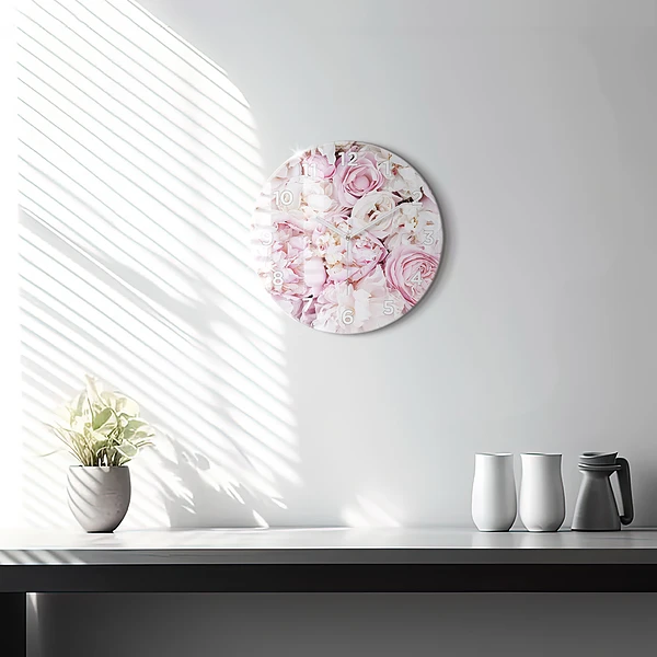 Wanduhr glas rund Dekorative Blumen