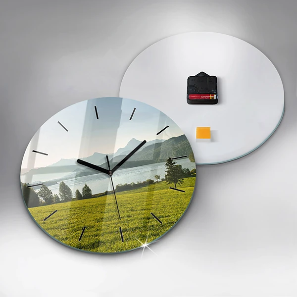 Wanduhr rund mit motiv Berge und Felder