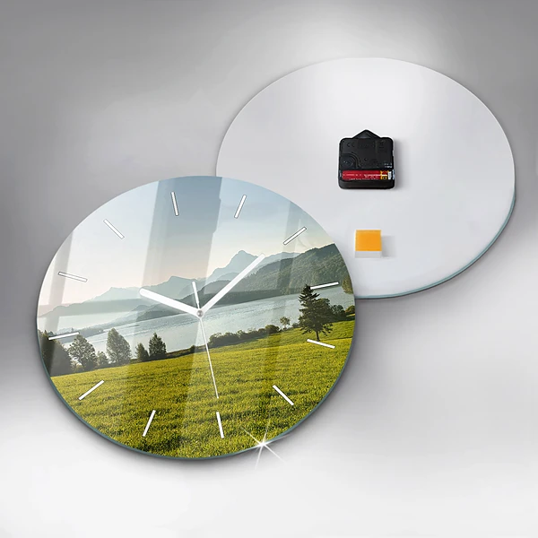 Wanduhr rund mit motiv Berge und Felder