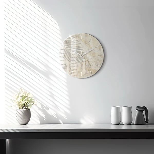Wanduhr glas rund Schatten einer Palme Sand