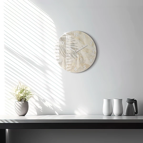 Wanduhr glas rund Schatten einer Palme Sand