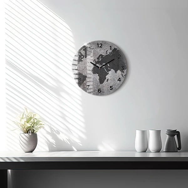 Wanduhr glas rund Weltkarte Beton