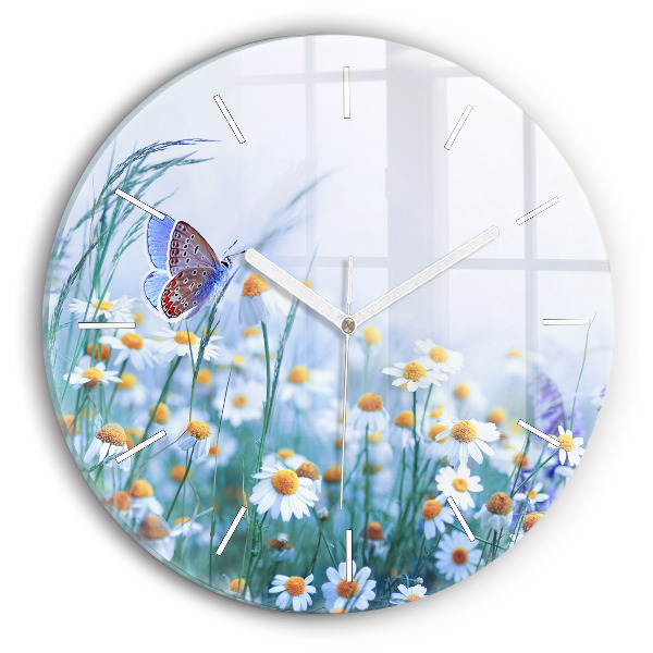 Wanduhr glas rund Schmetterling auf einer Wiese