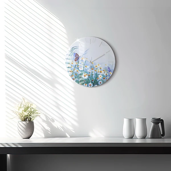Wanduhr glas rund Schmetterling auf einer Wiese