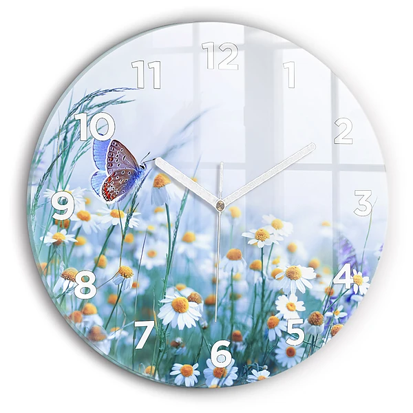 Wanduhr glas rund Schmetterling auf einer Wiese