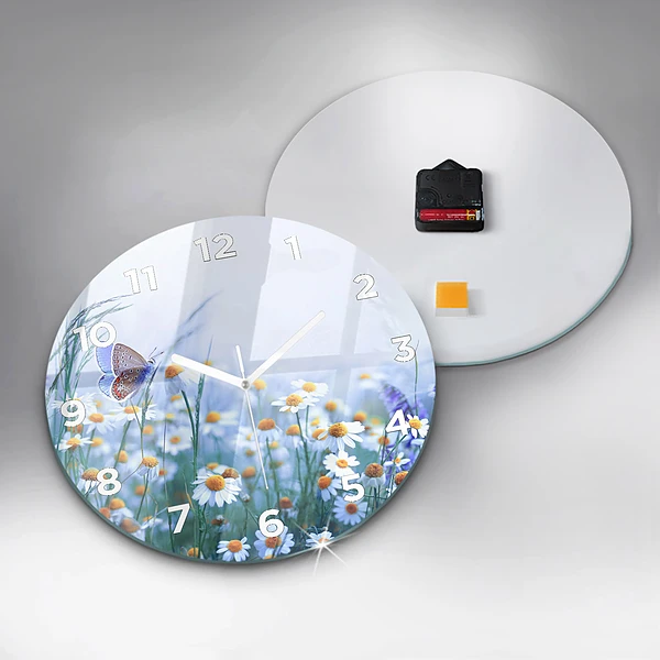 Wanduhr glas rund Schmetterling auf einer Wiese
